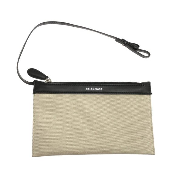 Auth BALENCIAGA Navy Cabas S 339933 Cream Black Canvas Leather Tote Bag - Picture 15 of 15